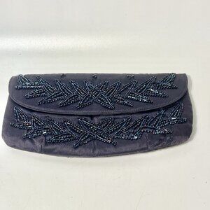 Soure Bag Handbag Purse Beads on Canvas Blue Beaded Vintage Clutch